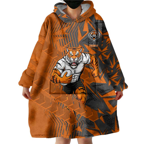 Wests Tigers Rugby Wearable Blanket Hoodie Fierce Mascot Geometric Tribal Art