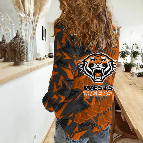 Wests Tigers Rugby Women Casual Shirt Fierce Mascot Geometric Tribal Art