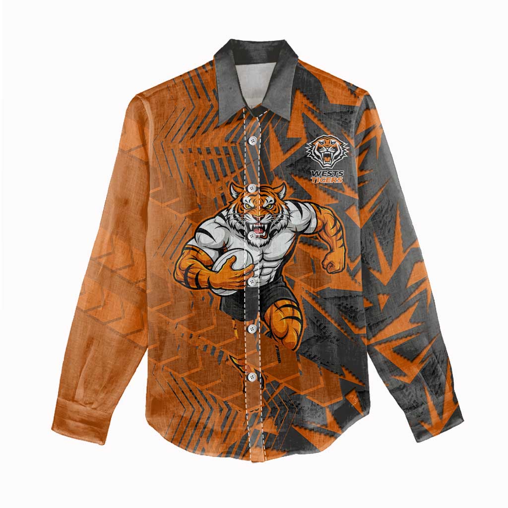 Wests Tigers Rugby Women Casual Shirt Fierce Mascot Geometric Tribal Art