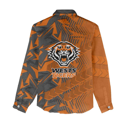 Wests Tigers Rugby Women Casual Shirt Fierce Mascot Geometric Tribal Art