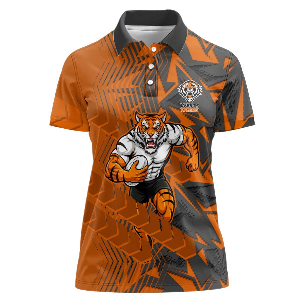Wests Tigers Rugby Women Polo Shirt Fierce Mascot Geometric Tribal Art