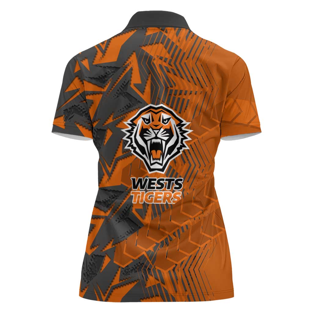 Wests Tigers Rugby Women Polo Shirt Fierce Mascot Geometric Tribal Art