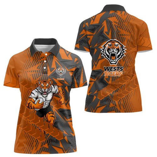Wests Tigers Rugby Women Polo Shirt Fierce Mascot Geometric Tribal Art