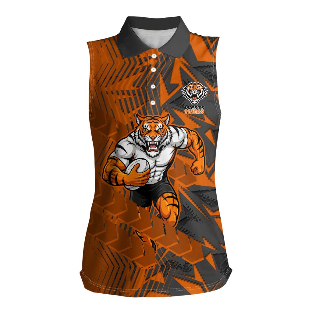 Wests Tigers Rugby Women Sleeveless Polo Shirt Fierce Mascot Geometric Tribal Art
