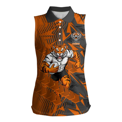 Wests Tigers Rugby Women Sleeveless Polo Shirt Fierce Mascot Geometric Tribal Art