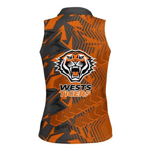 Wests Tigers Rugby Women Sleeveless Polo Shirt Fierce Mascot Geometric Tribal Art