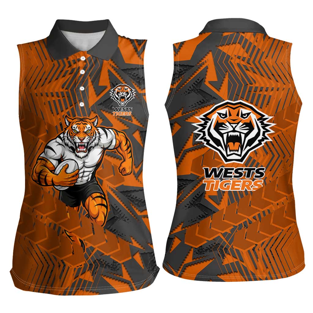 Wests Tigers Rugby Women Sleeveless Polo Shirt Fierce Mascot Geometric Tribal Art