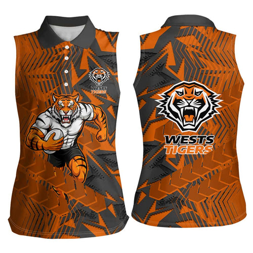 Wests Tigers Rugby Women Sleeveless Polo Shirt Fierce Mascot Geometric Tribal Art