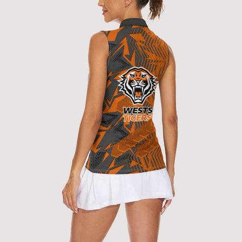 Wests Tigers Rugby Women Sleeveless Polo Shirt Fierce Mascot Geometric Tribal Art
