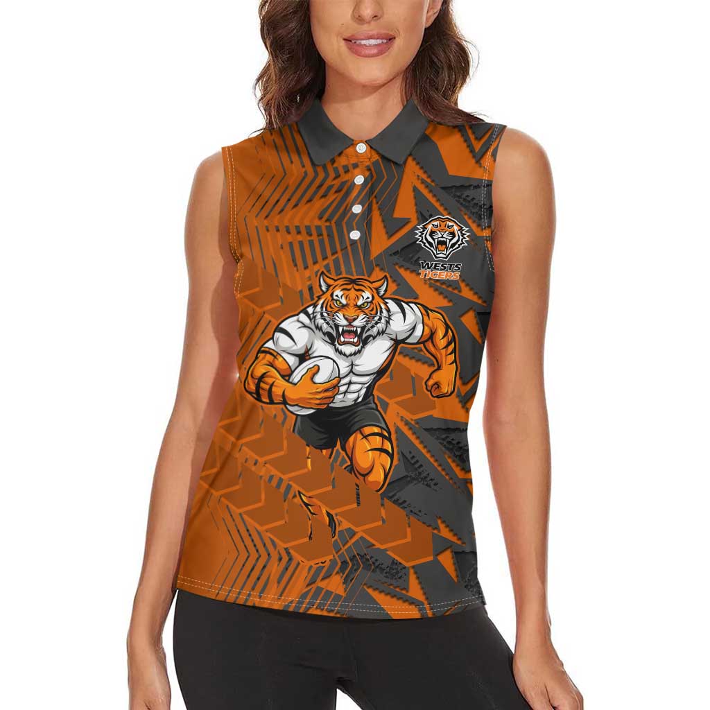 Wests Tigers Rugby Women Sleeveless Polo Shirt Fierce Mascot Geometric Tribal Art