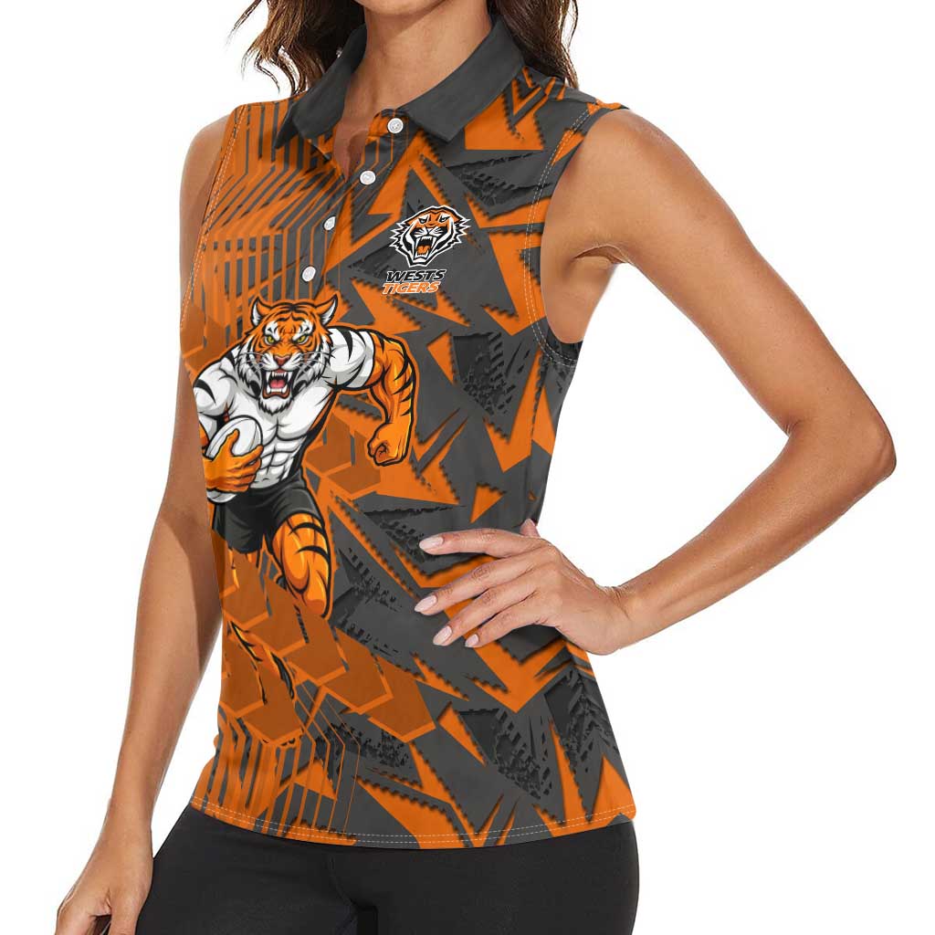 Wests Tigers Rugby Women Sleeveless Polo Shirt Fierce Mascot Geometric Tribal Art