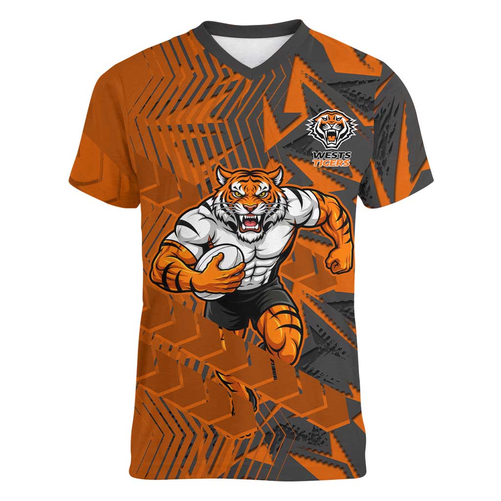 Wests Tigers Rugby Women V-Neck T-Shirt Fierce Mascot Geometric Tribal Art