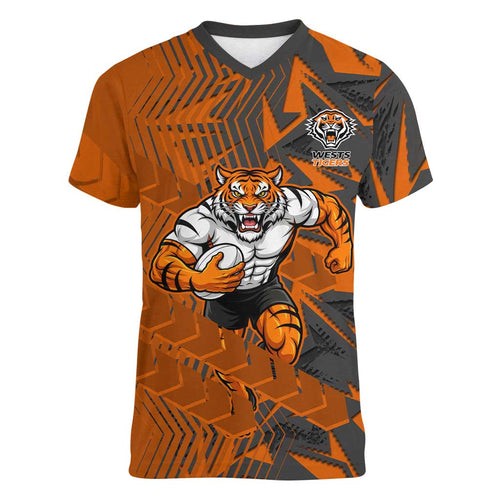 Wests Tigers Rugby Women V-Neck T-Shirt Fierce Mascot Geometric Tribal Art