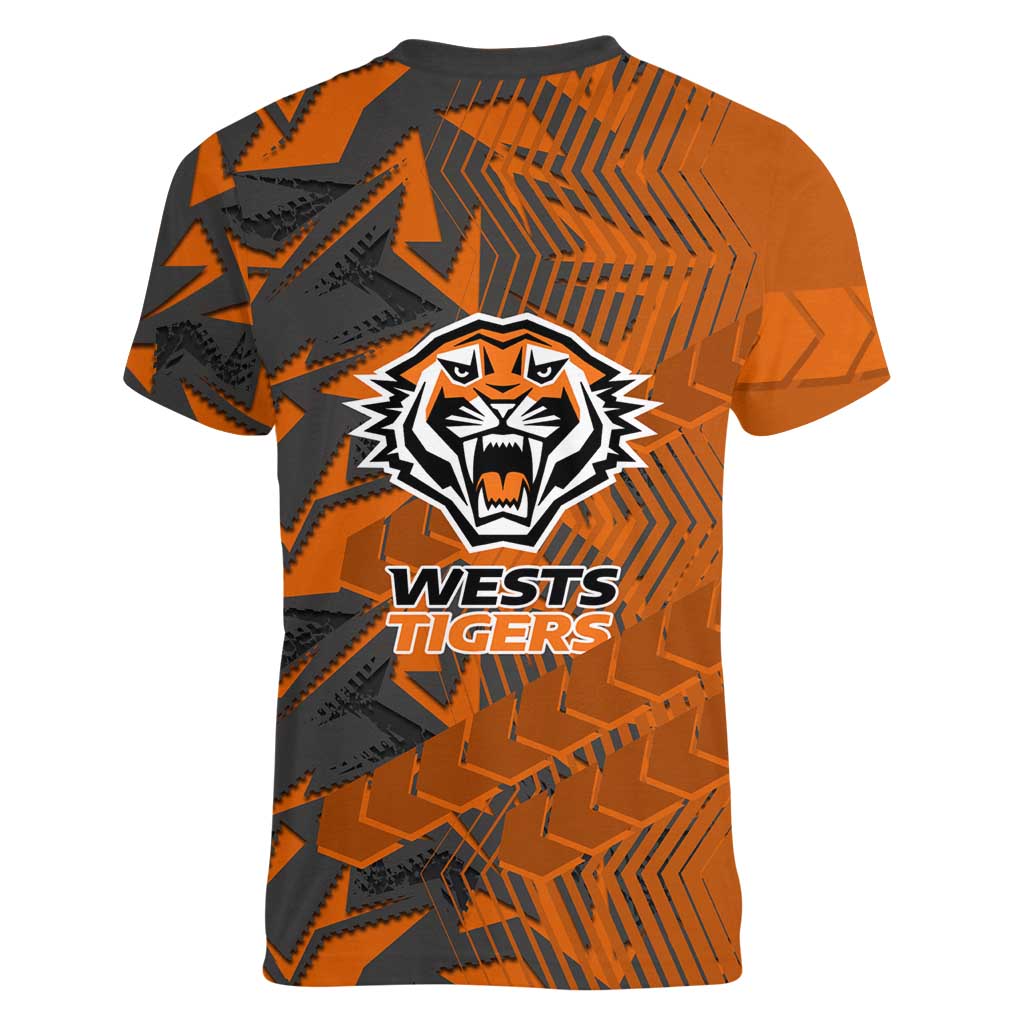 Wests Tigers Rugby Women V-Neck T-Shirt Fierce Mascot Geometric Tribal Art