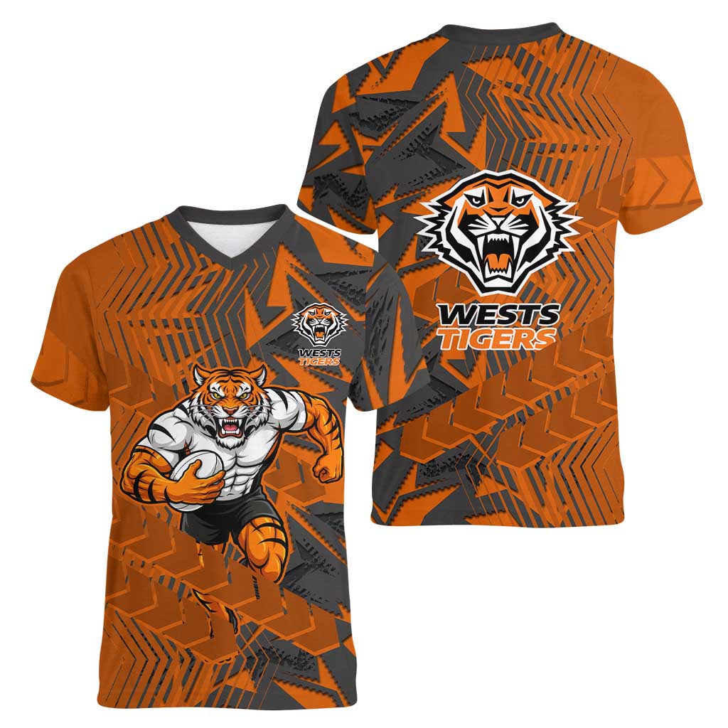 Wests Tigers Rugby Women V-Neck T-Shirt Fierce Mascot Geometric Tribal Art