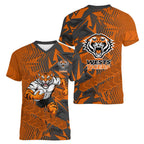 Wests Tigers Rugby Women V-Neck T-Shirt Fierce Mascot Geometric Tribal Art