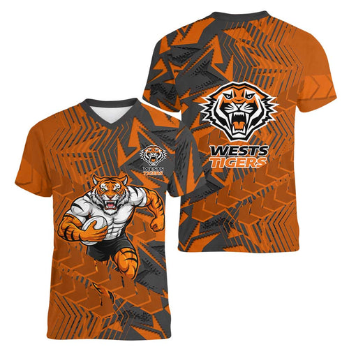 Wests Tigers Rugby Women V-Neck T-Shirt Fierce Mascot Geometric Tribal Art