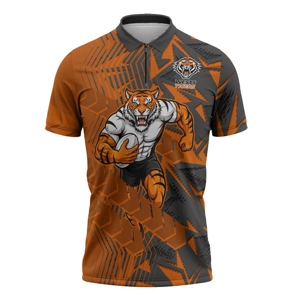 Wests Tigers Rugby Zipper Polo Shirt Fierce Mascot Geometric Tribal Art