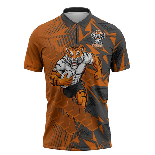Wests Tigers Rugby Zipper Polo Shirt Fierce Mascot Geometric Tribal Art