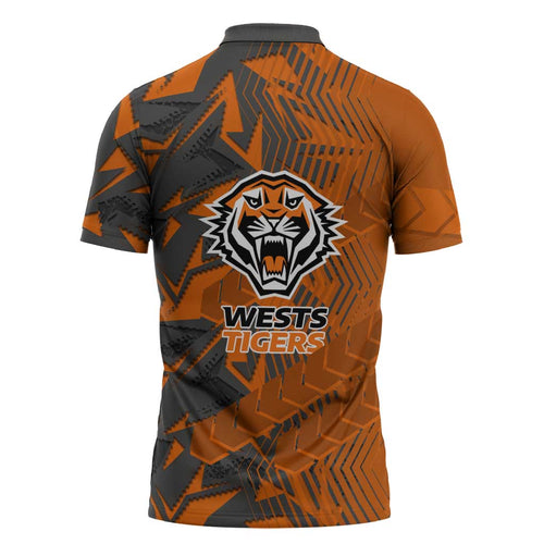 Wests Tigers Rugby Zipper Polo Shirt Fierce Mascot Geometric Tribal Art