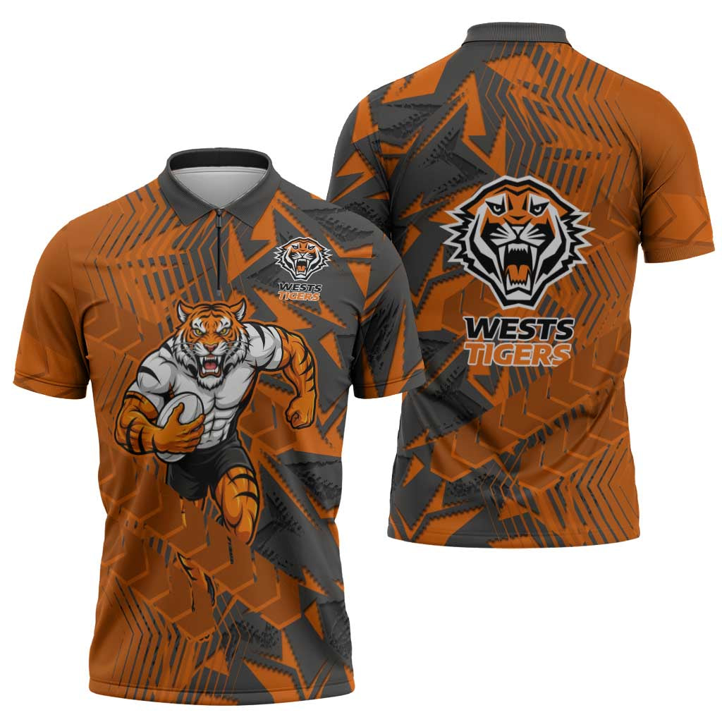 Wests Tigers Rugby Zipper Polo Shirt Fierce Mascot Geometric Tribal Art