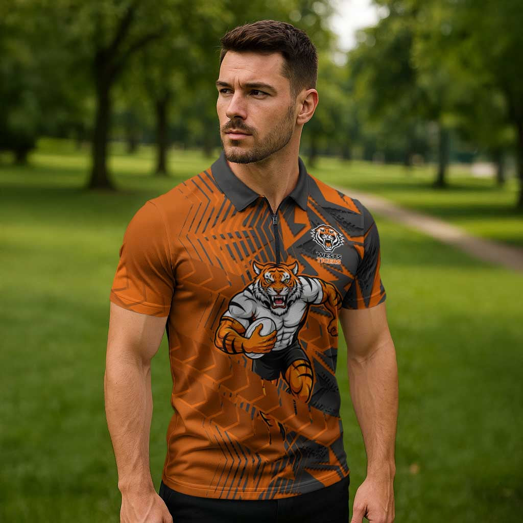 Wests Tigers Rugby Zipper Polo Shirt Fierce Mascot Geometric Tribal Art