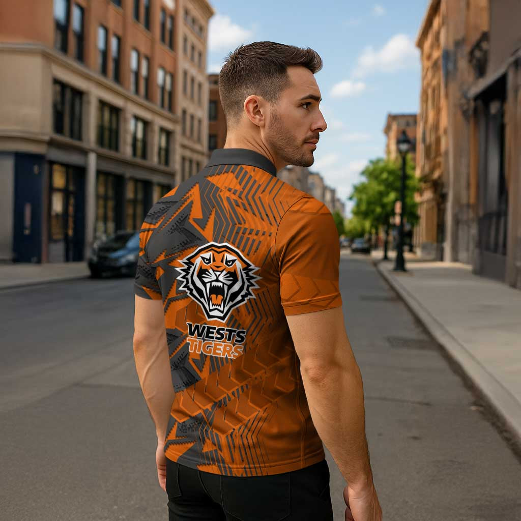 Wests Tigers Rugby Zipper Polo Shirt Fierce Mascot Geometric Tribal Art