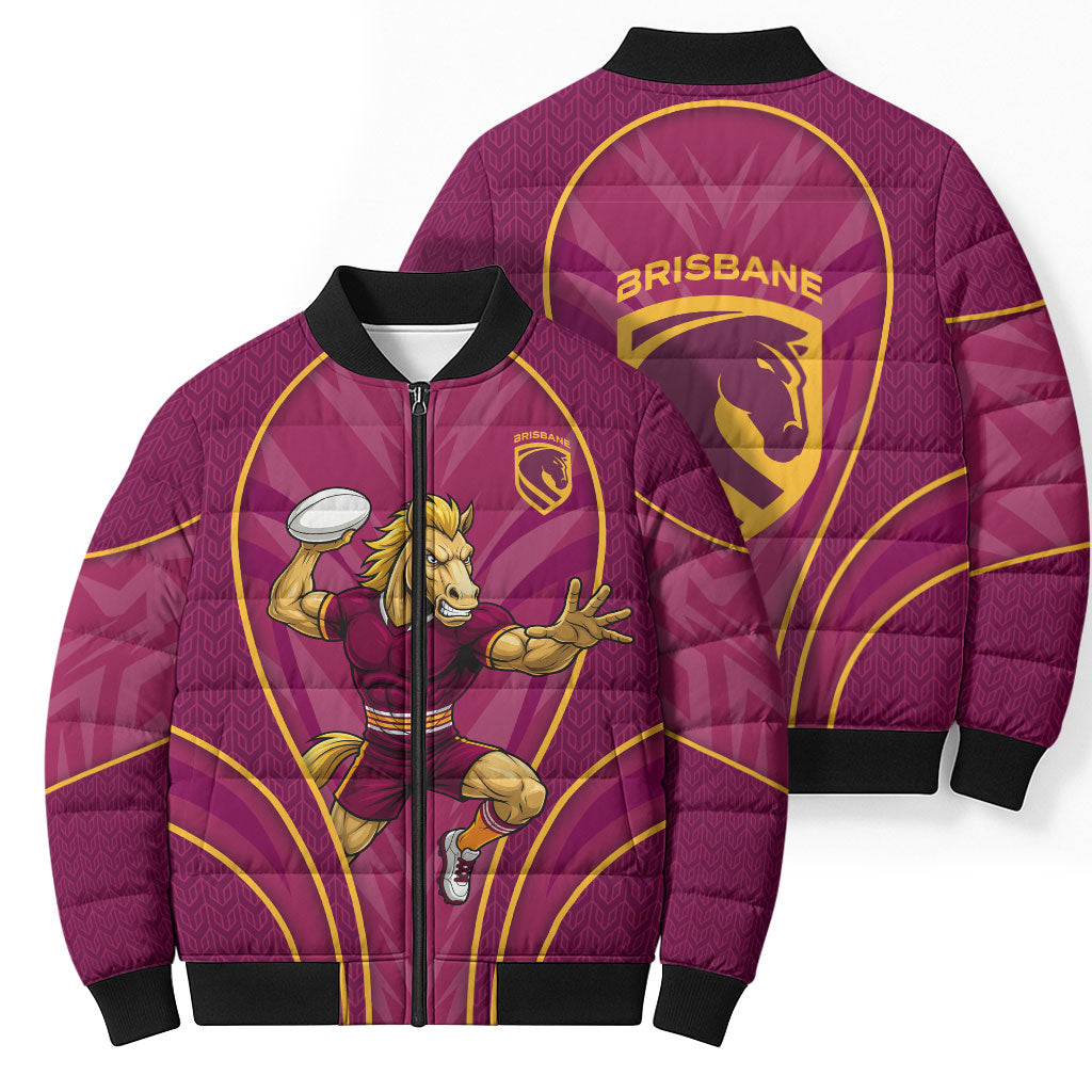 Brisbane Broncos Mascot Bomber Puffer Jacket Australian Rugby Culture - Powerful Horse Athlete