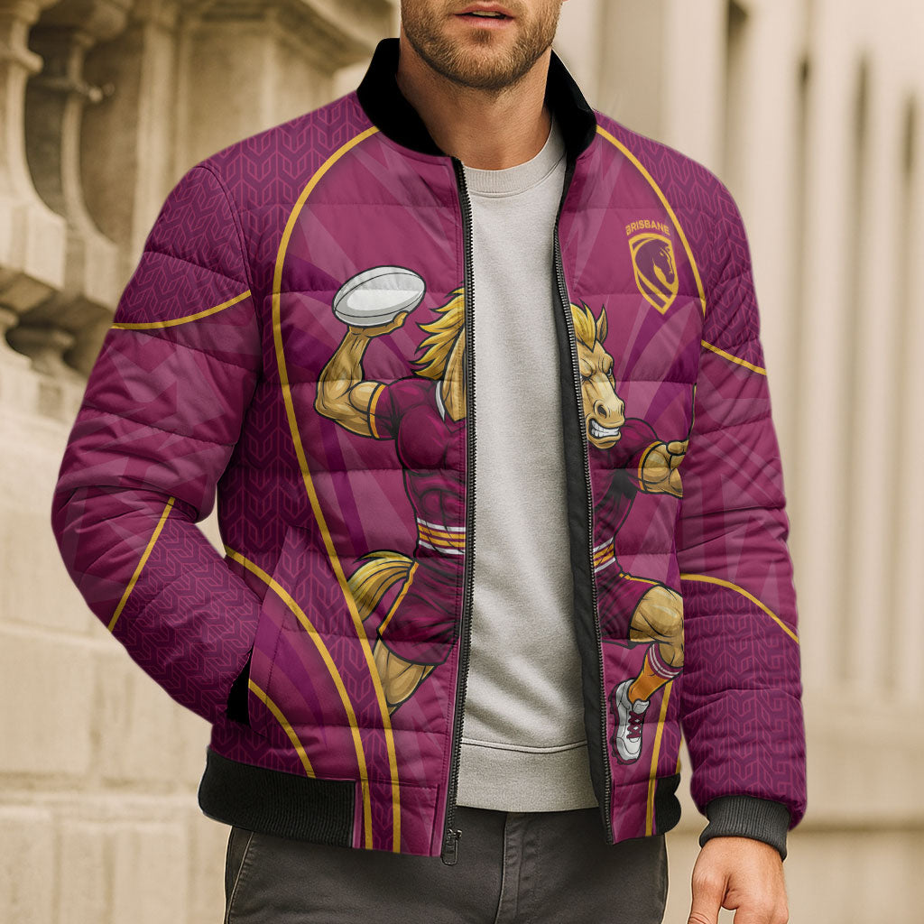 Brisbane Broncos Mascot Bomber Puffer Jacket Australian Rugby Culture - Powerful Horse Athlete