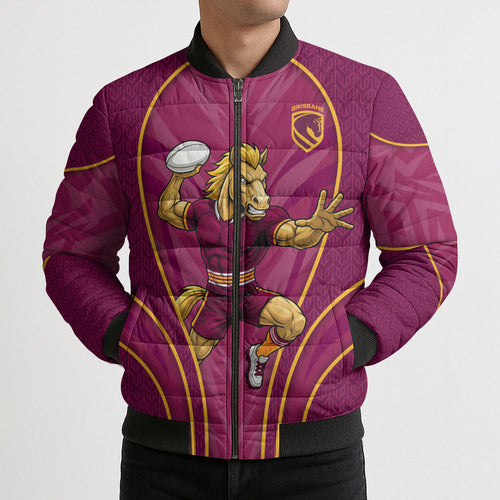Brisbane Broncos Mascot Bomber Puffer Jacket Australian Rugby Culture - Powerful Horse Athlete