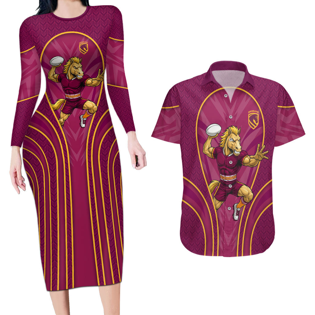 Brisbane Broncos Mascot Couples Matching Long Sleeve Bodycon Dress and Hawaiian Shirt Australian Rugby Culture - Powerful Horse Athlete