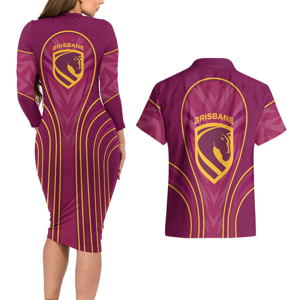 Brisbane Broncos Mascot Couples Matching Long Sleeve Bodycon Dress and Hawaiian Shirt Australian Rugby Culture - Powerful Horse Athlete