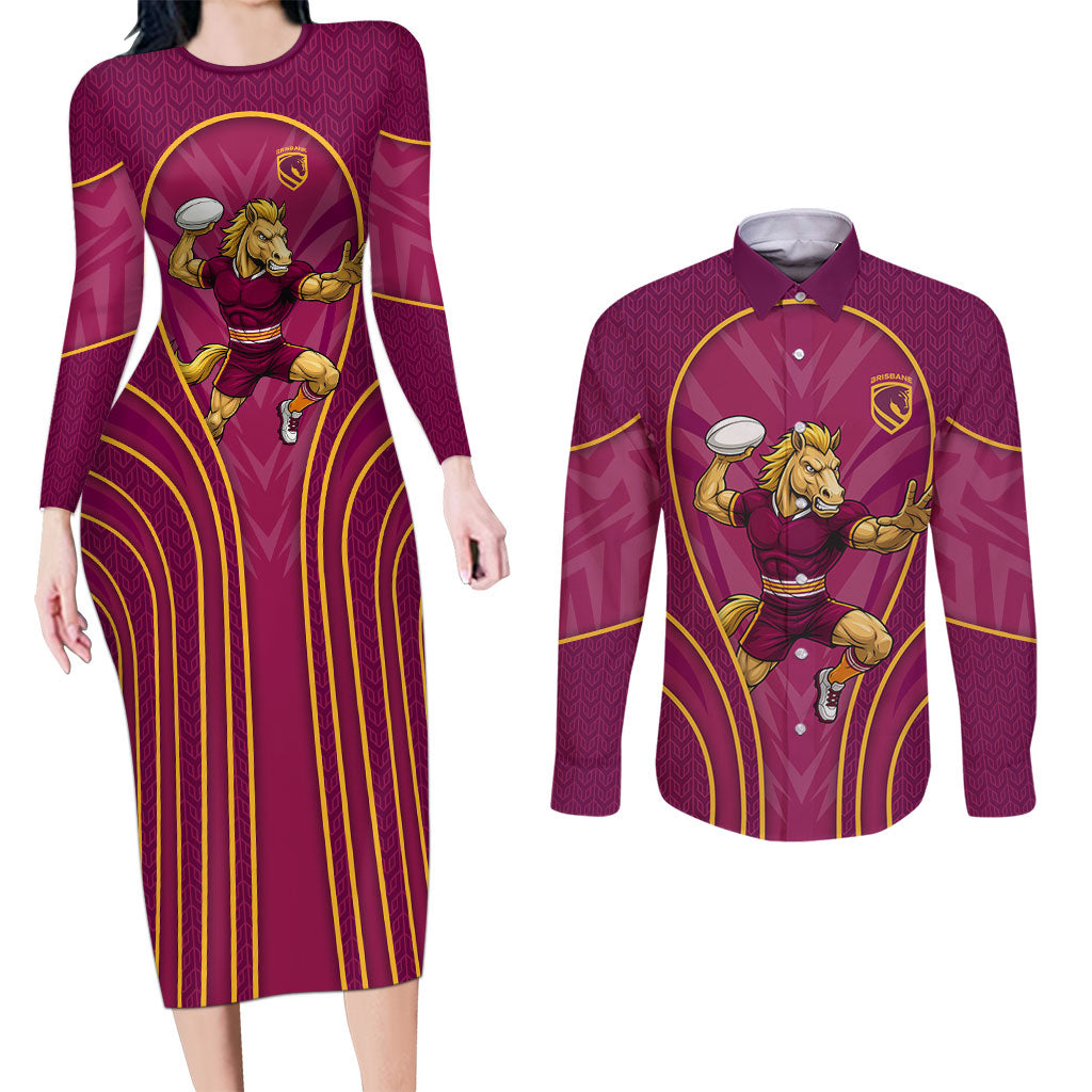 Brisbane Broncos Mascot Couples Matching Long Sleeve Bodycon Dress and Long Sleeve Button Shirt Australian Rugby Culture - Powerful Horse Athlete