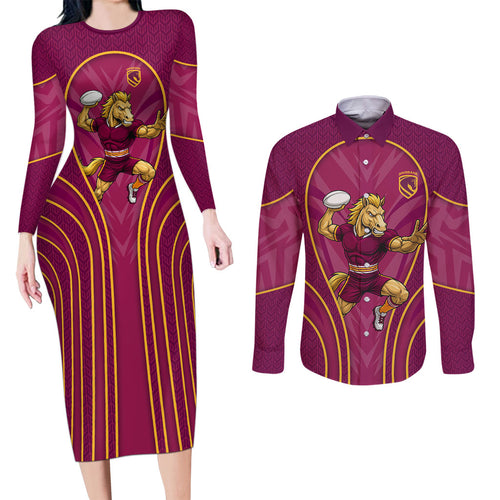 Brisbane Broncos Mascot Couples Matching Long Sleeve Bodycon Dress and Long Sleeve Button Shirt Australian Rugby Culture - Powerful Horse Athlete