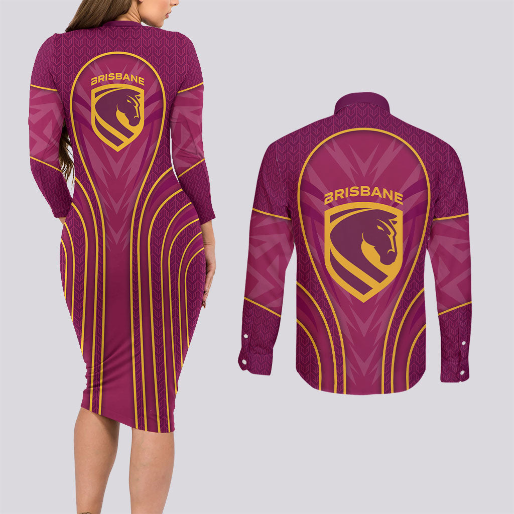 Brisbane Broncos Mascot Couples Matching Long Sleeve Bodycon Dress and Long Sleeve Button Shirt Australian Rugby Culture - Powerful Horse Athlete