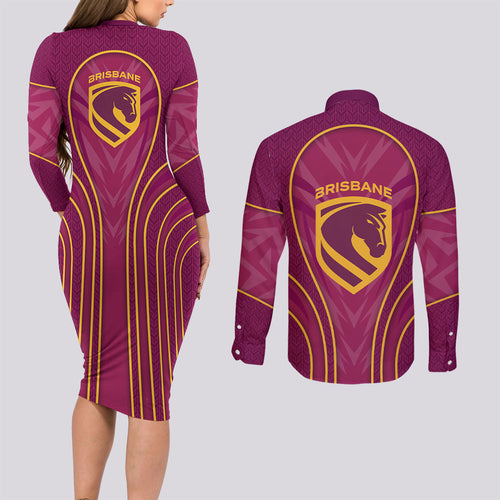 Brisbane Broncos Mascot Couples Matching Long Sleeve Bodycon Dress and Long Sleeve Button Shirt Australian Rugby Culture - Powerful Horse Athlete