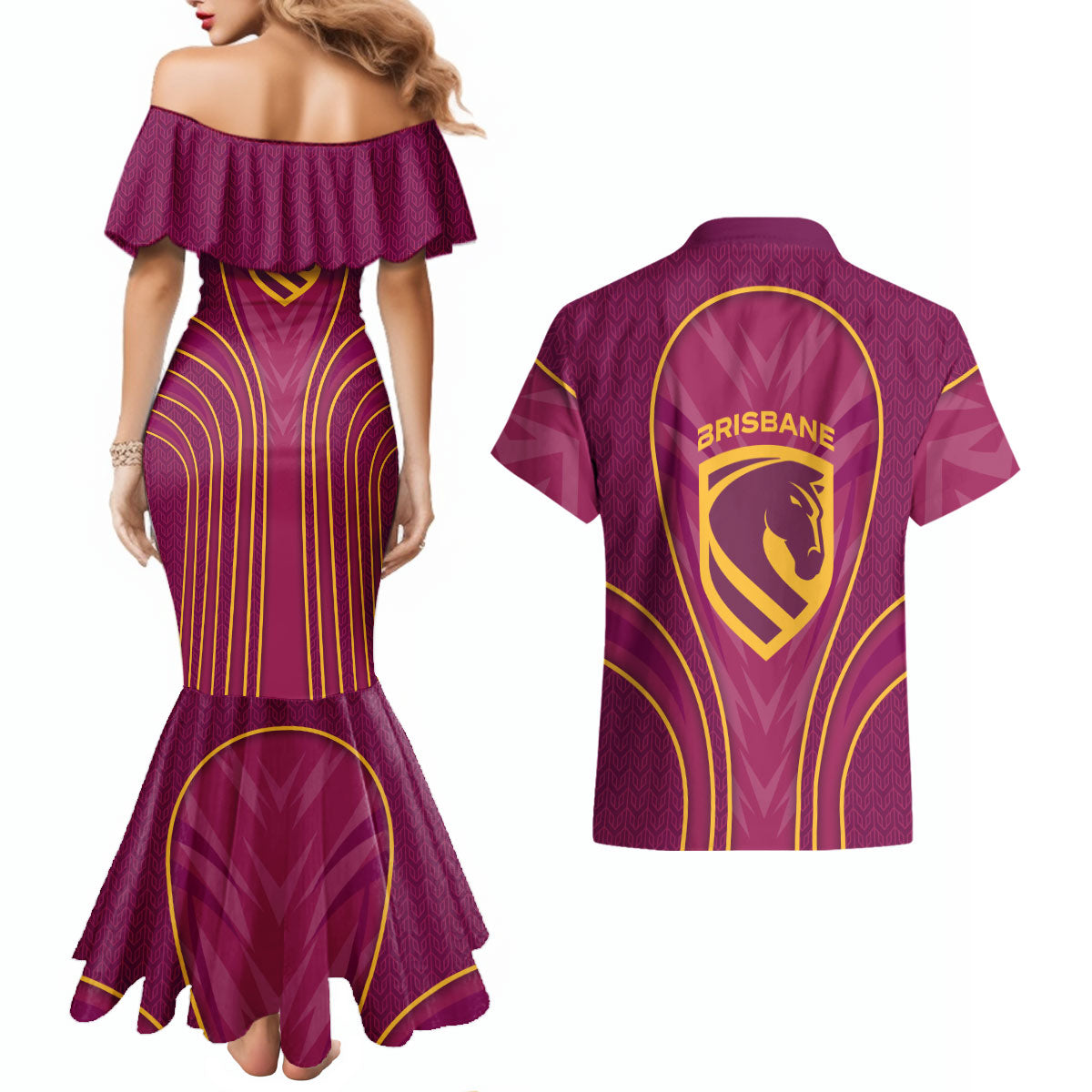 Brisbane Broncos Mascot Couples Matching Mermaid Dress and Hawaiian Shirt Australian Rugby Culture - Powerful Horse Athlete