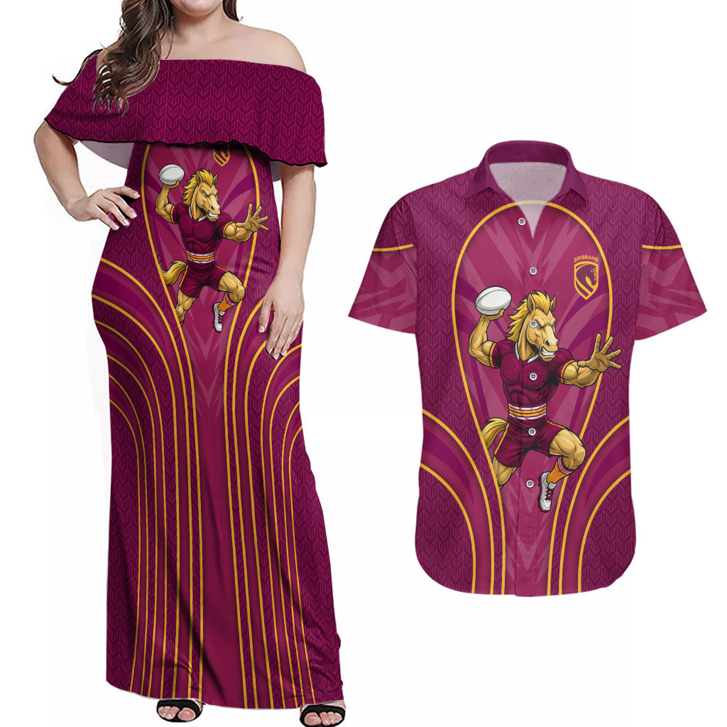Brisbane Broncos Mascot Couples Matching Off Shoulder Maxi Dress and Hawaiian Shirt Australian Rugby Culture - Powerful Horse Athlete