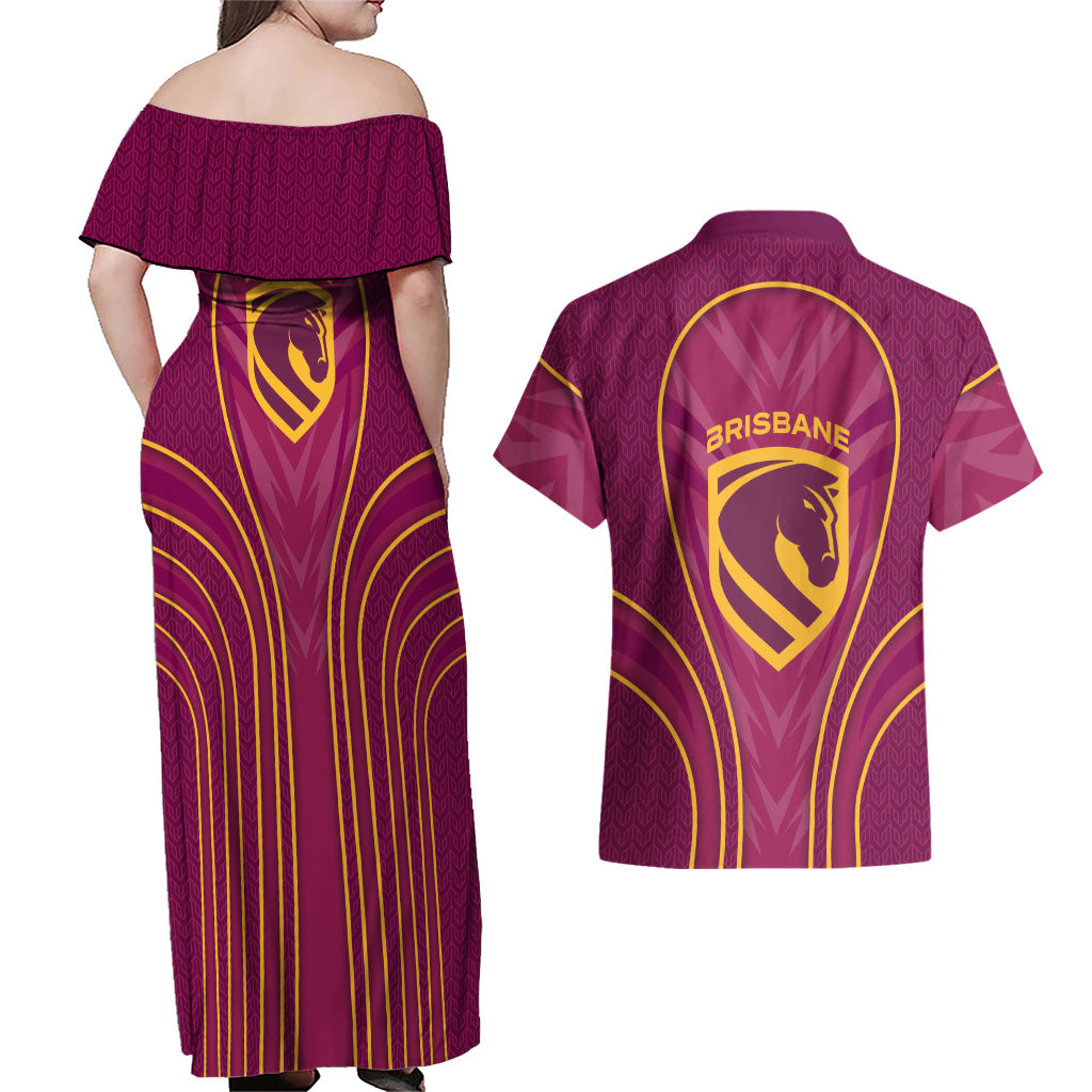 Brisbane Broncos Mascot Couples Matching Off Shoulder Maxi Dress and Hawaiian Shirt Australian Rugby Culture - Powerful Horse Athlete