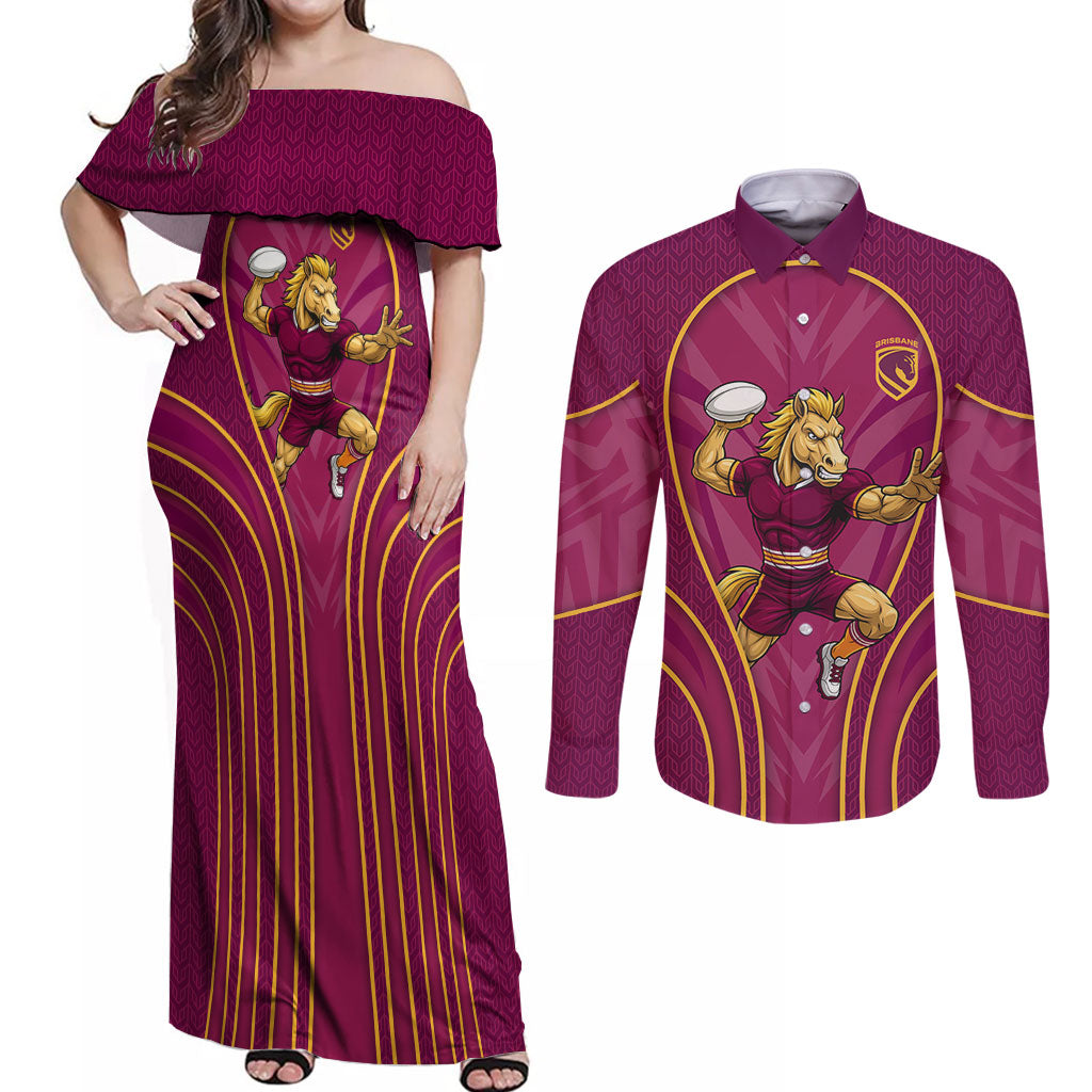 Brisbane Broncos Mascot Couples Matching Off Shoulder Maxi Dress and Long Sleeve Button Shirt Australian Rugby Culture - Powerful Horse Athlete