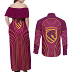 Brisbane Broncos Mascot Couples Matching Off Shoulder Maxi Dress and Long Sleeve Button Shirt Australian Rugby Culture - Powerful Horse Athlete