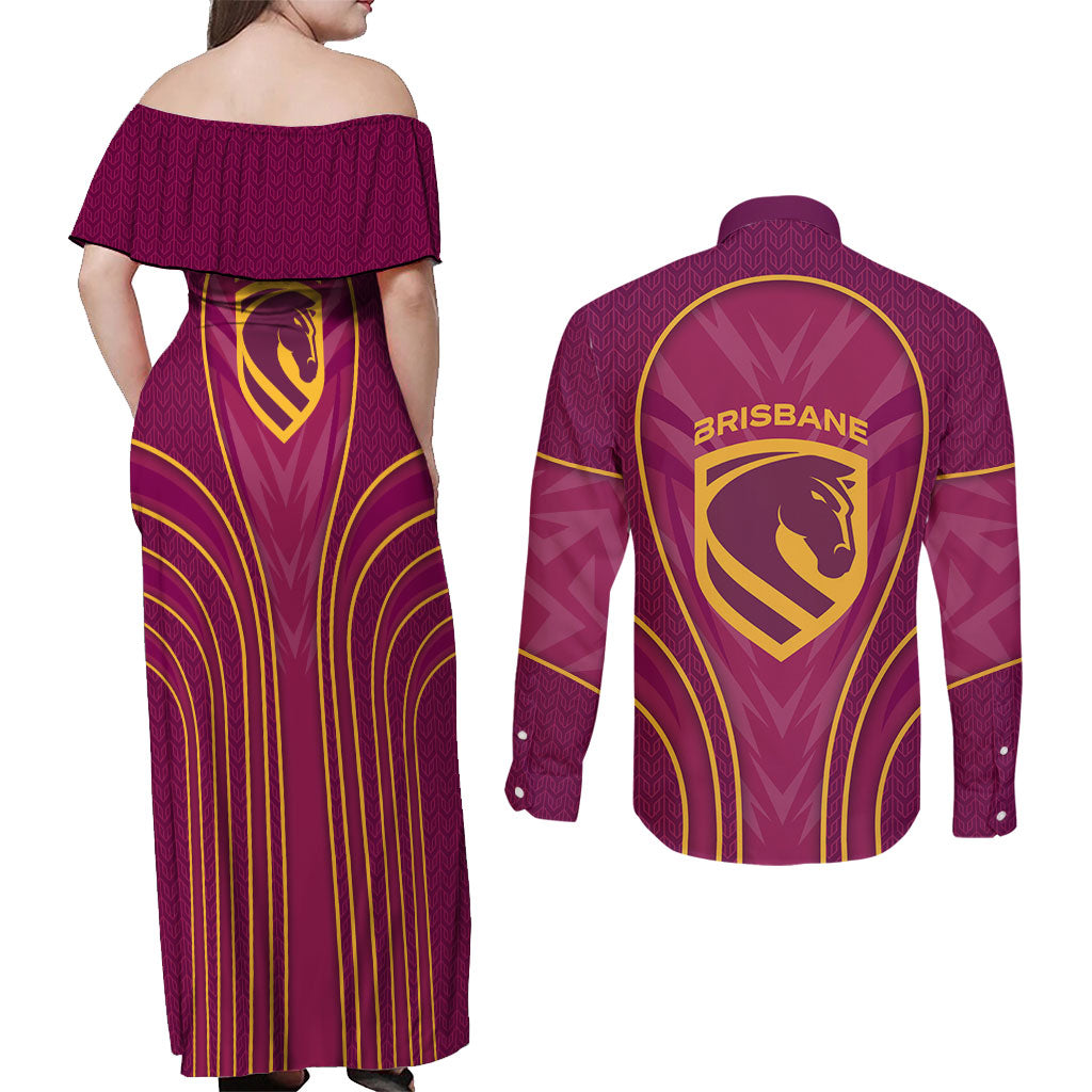 Brisbane Broncos Mascot Couples Matching Off Shoulder Maxi Dress and Long Sleeve Button Shirt Australian Rugby Culture - Powerful Horse Athlete