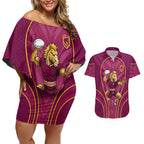 Brisbane Broncos Mascot Couples Matching Off Shoulder Short Dress and Hawaiian Shirt Australian Rugby Culture - Powerful Horse Athlete