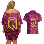 Brisbane Broncos Mascot Couples Matching Off Shoulder Short Dress and Hawaiian Shirt Australian Rugby Culture - Powerful Horse Athlete