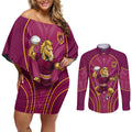 Brisbane Broncos Mascot Couples Matching Off Shoulder Short Dress and Long Sleeve Button Shirt Australian Rugby Culture - Powerful Horse Athlete
