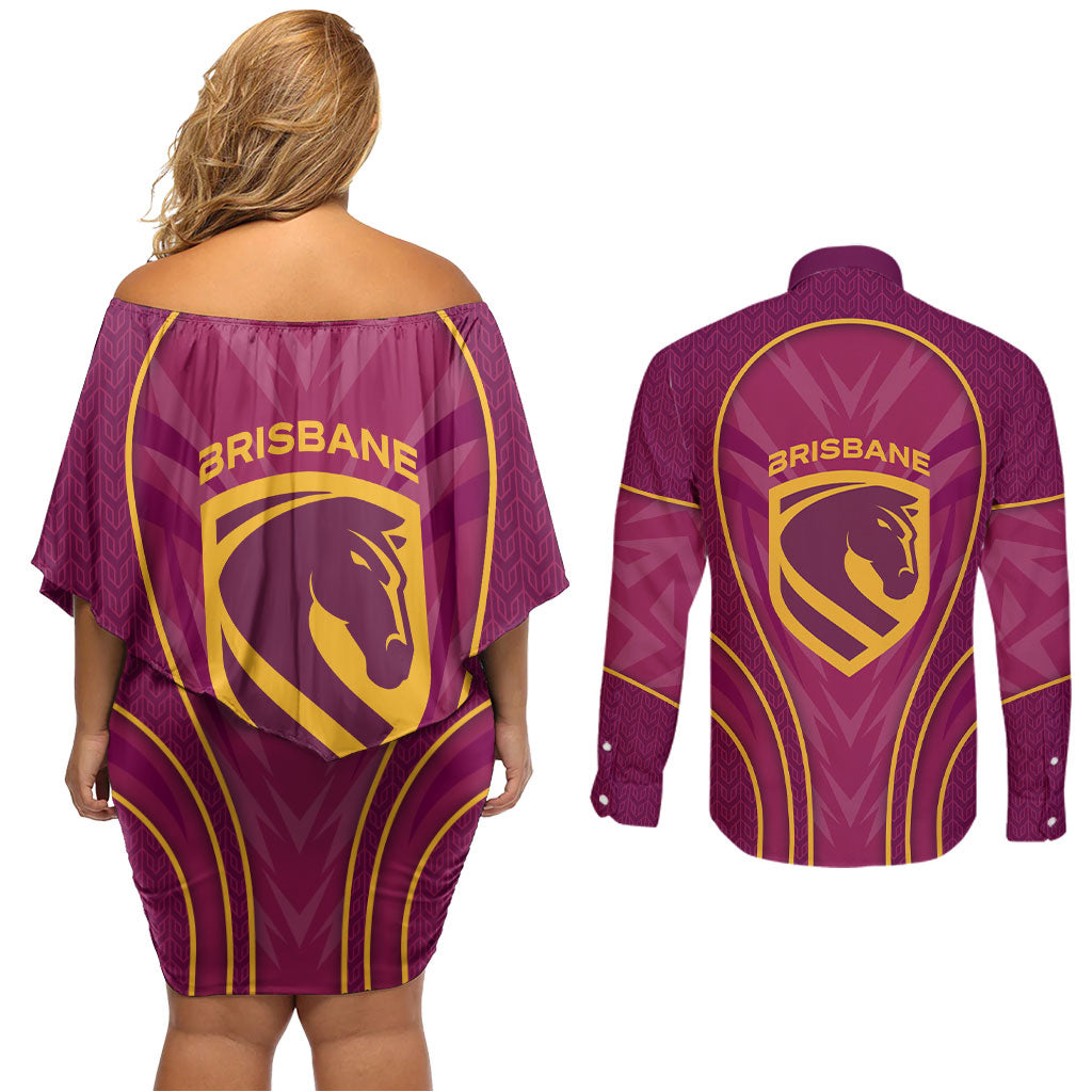 Brisbane Broncos Mascot Couples Matching Off Shoulder Short Dress and Long Sleeve Button Shirt Australian Rugby Culture - Powerful Horse Athlete