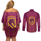 Brisbane Broncos Mascot Couples Matching Off Shoulder Short Dress and Long Sleeve Button Shirt Australian Rugby Culture - Powerful Horse Athlete