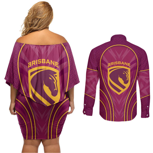 Brisbane Broncos Mascot Couples Matching Off Shoulder Short Dress and Long Sleeve Button Shirt Australian Rugby Culture - Powerful Horse Athlete