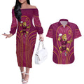 Brisbane Broncos Mascot Couples Matching Off The Shoulder Long Sleeve Dress and Hawaiian Shirt Australian Rugby Culture - Powerful Horse Athlete