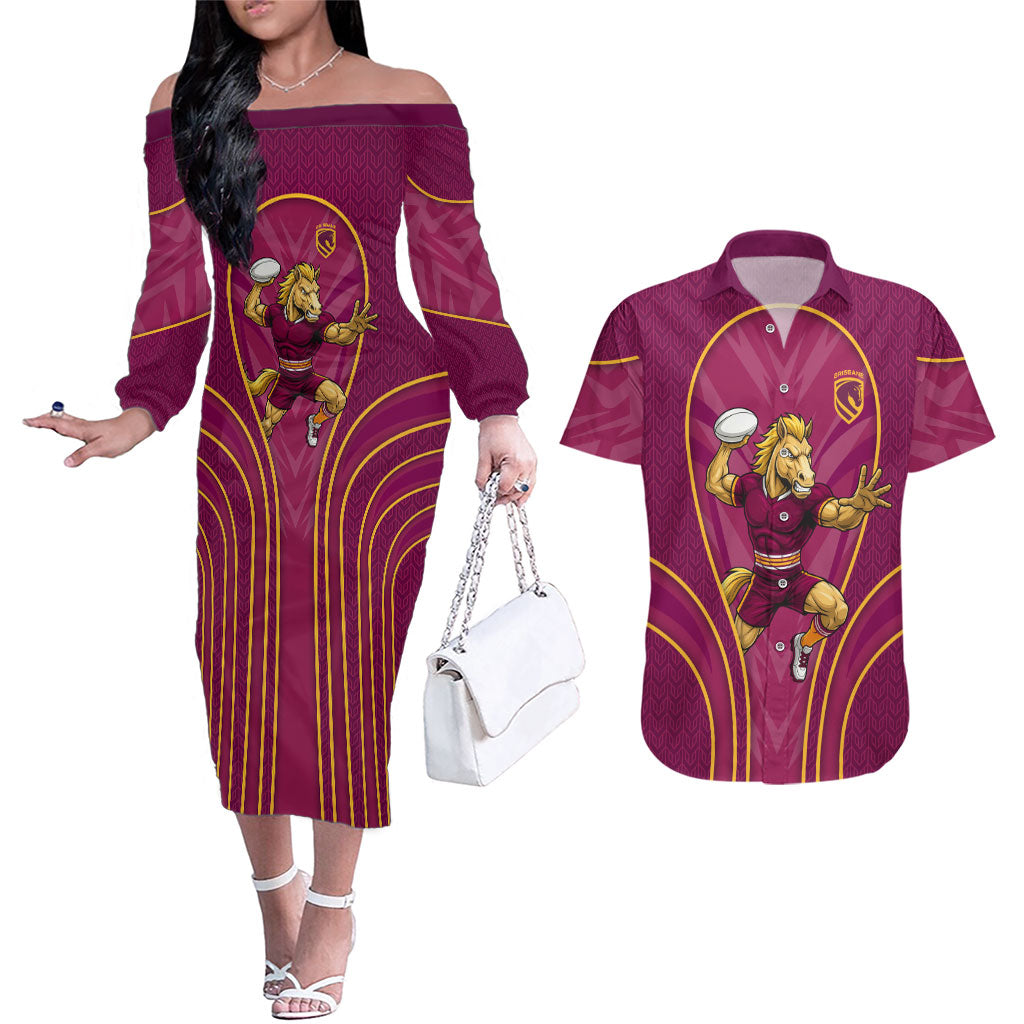 Brisbane Broncos Mascot Couples Matching Off The Shoulder Long Sleeve Dress and Hawaiian Shirt Australian Rugby Culture - Powerful Horse Athlete